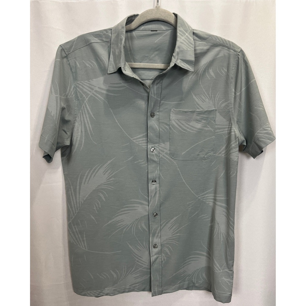 Vuori Mens Short Sleeve Button Up Shirt Sage Green Palm Print Stretch Top